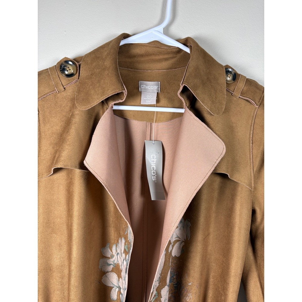 Chico's Scuba Suede Trench Coat Floral Tiger Print Brown Size 00 XS New Artsy - Picture 5 of 16